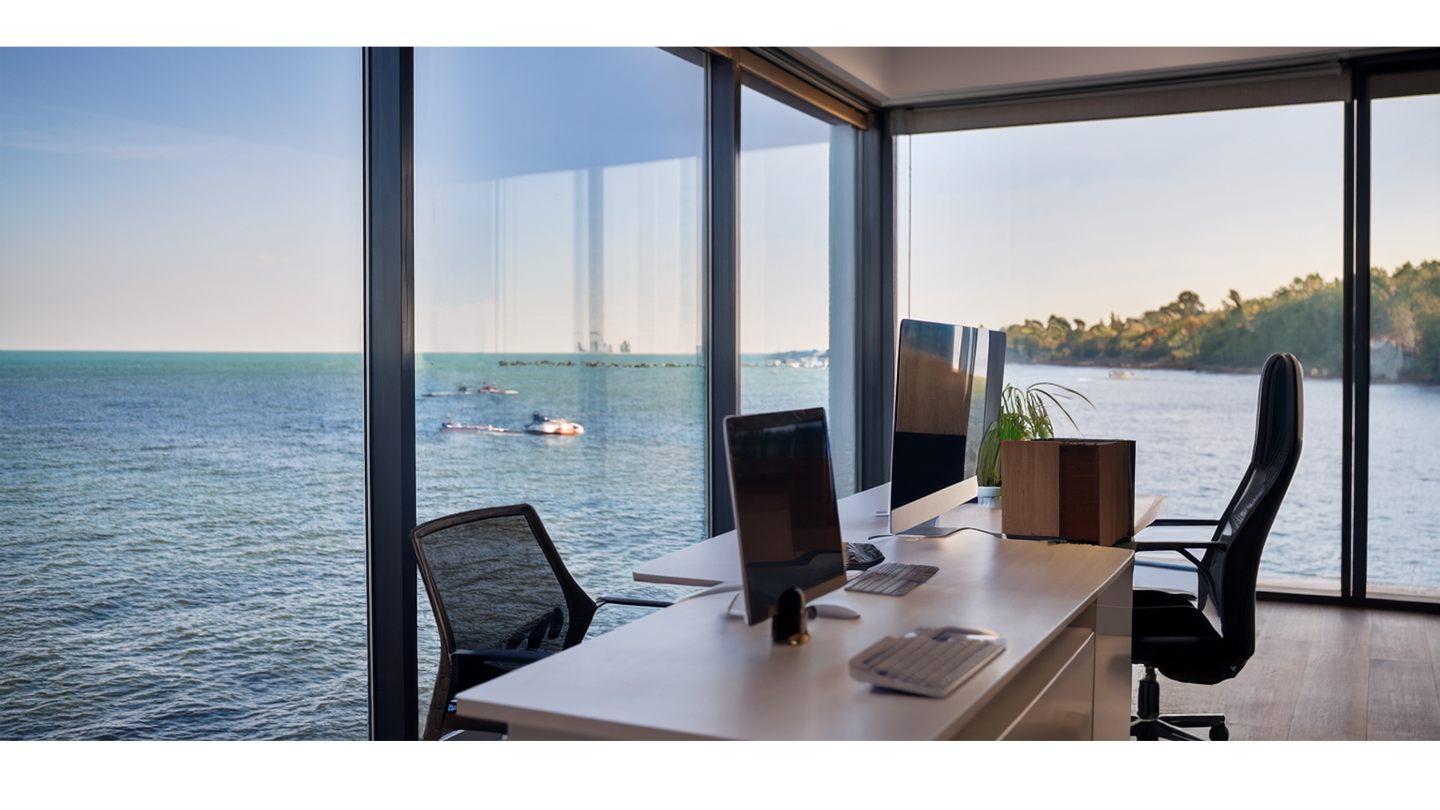 Financial consulting workspace with waterfront view